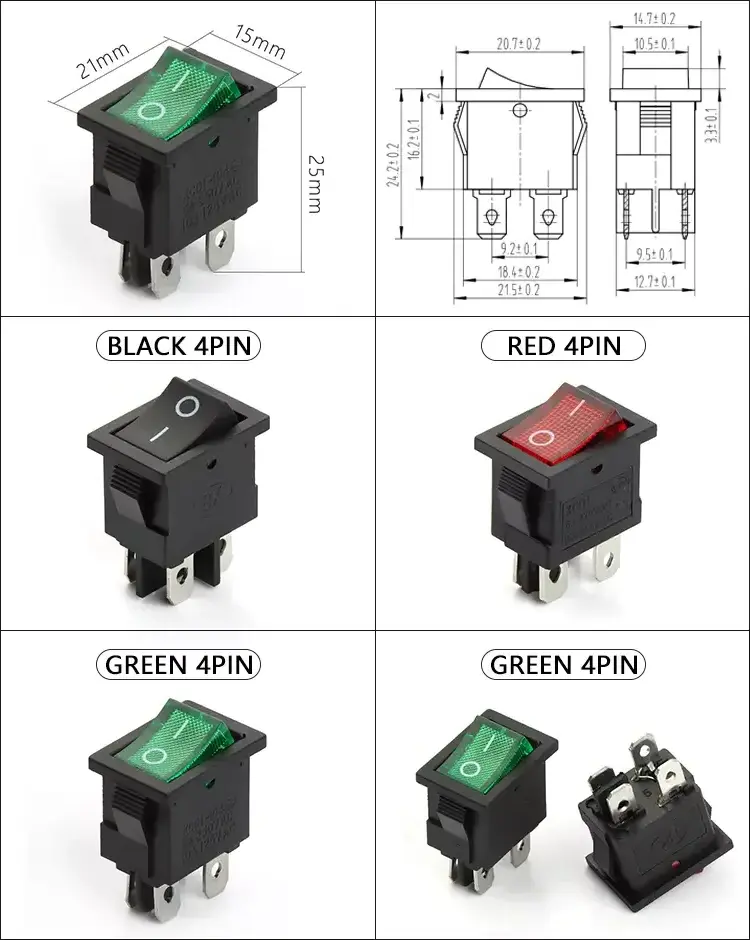 kcd1 2/4/6pins 6A 16A 250V 10*15/15*21/25*31 mm Rocker Switch 10x15/15x21/25x31mm kcd1 kcd2 kcd3 kcd4 PCB Rocker Switch