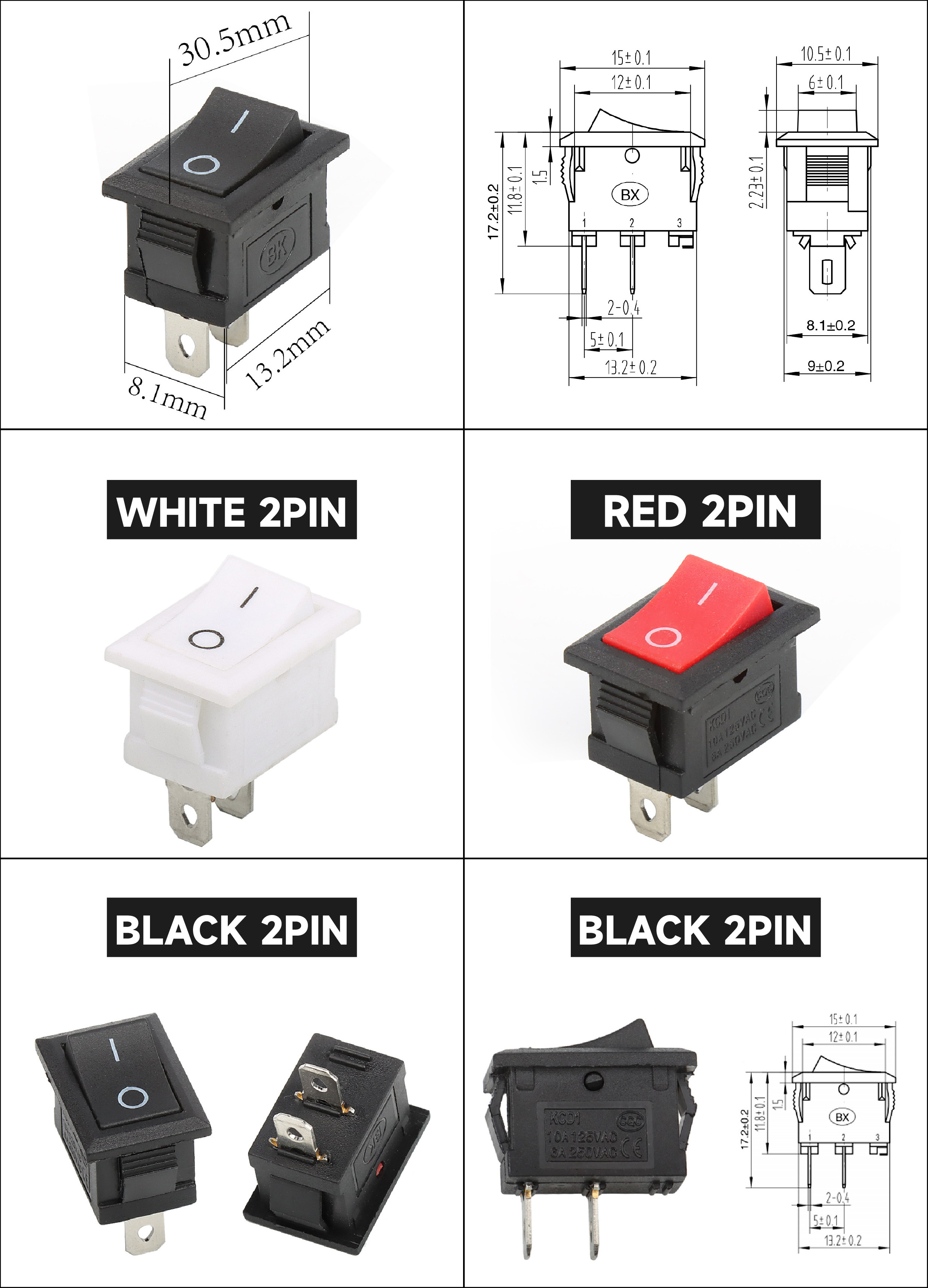 15*21mm 2pin 2positions on-off rocker switches KCD1 red rocker switch 6A 250VAC