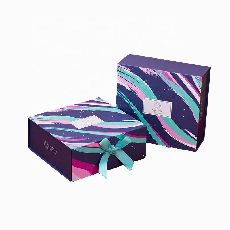 Custom magnetic lid ribbon closure gift paper package easy fold box with confetti