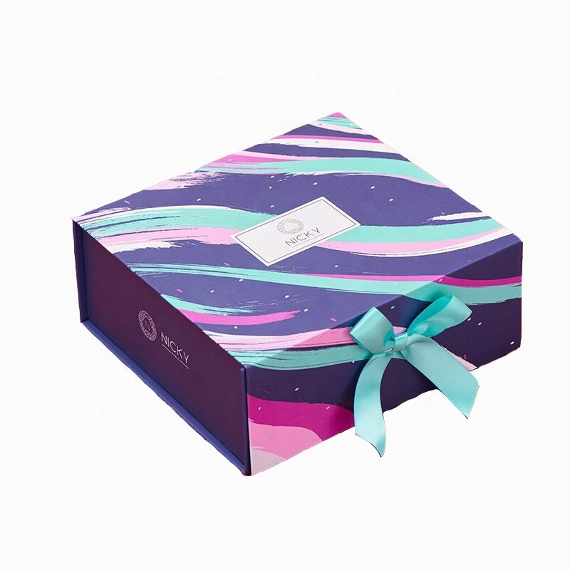 Custom magnetic lid ribbon closure gift paper package easy fold box with confetti