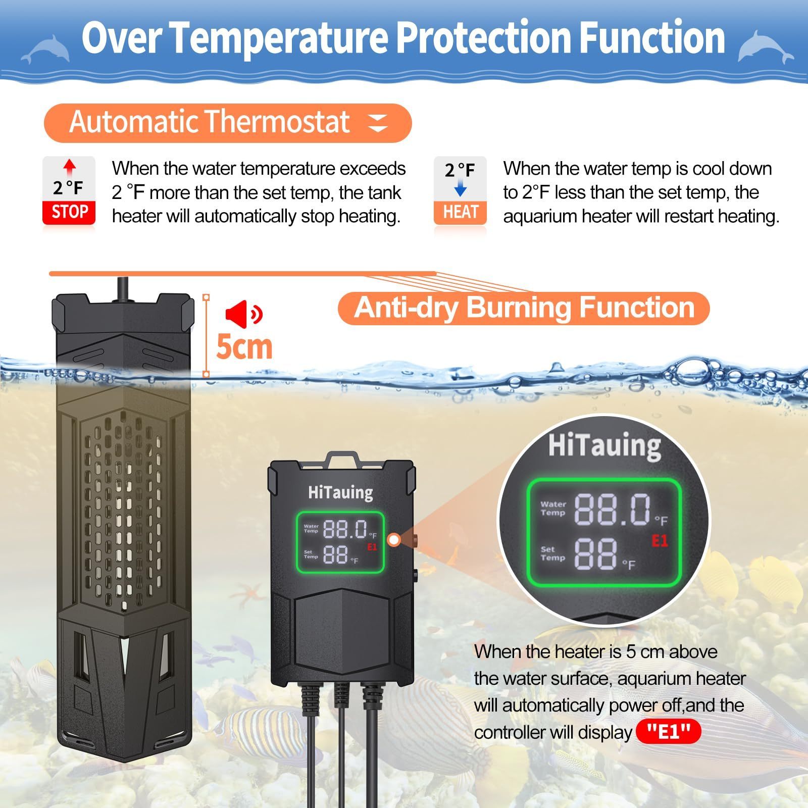 800W Aquarium Submersible Heater with LCD Digital Display Adjustable Temperature Heaters for Saltwater and Freshwat