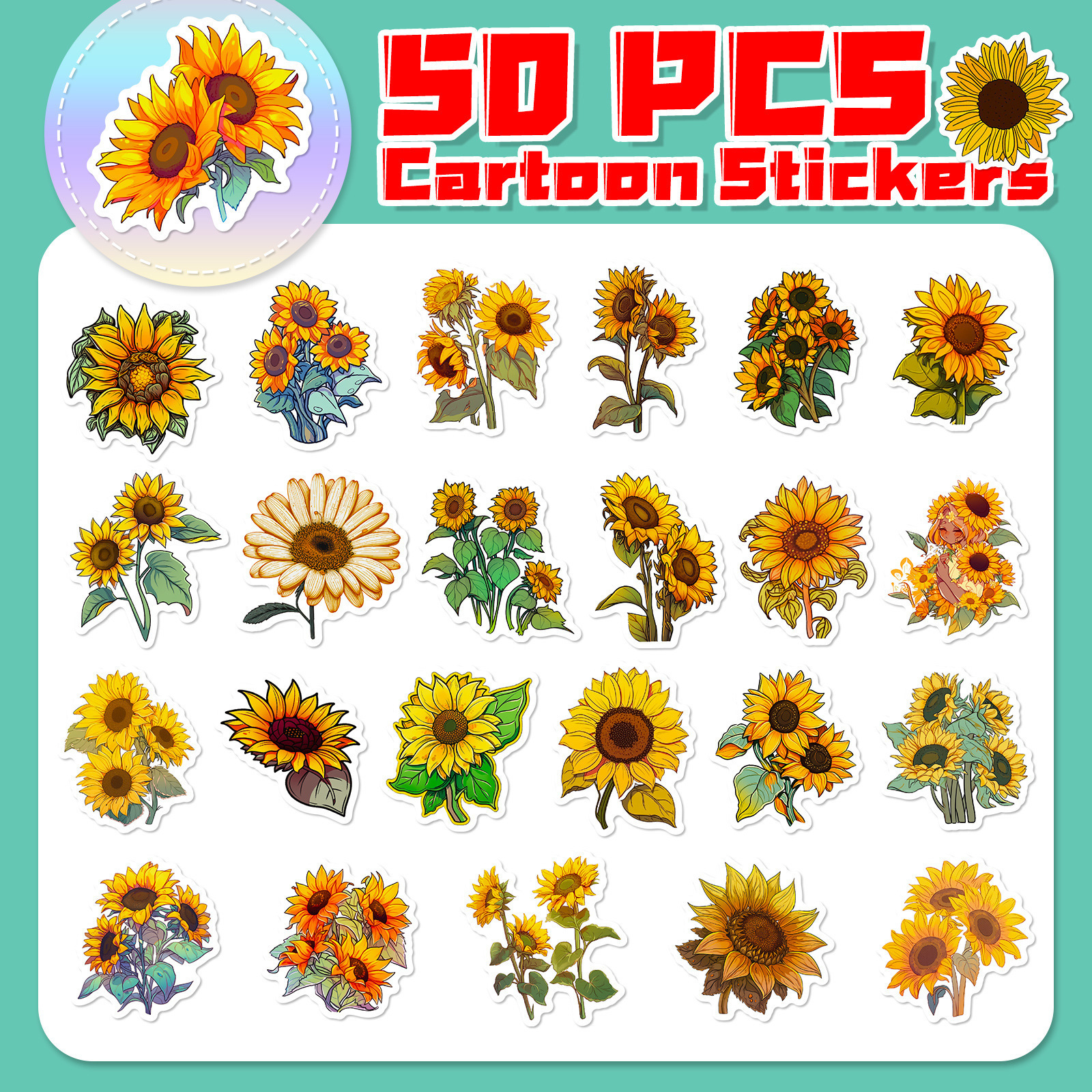 50pcs Sunflower Children's Stationery Box Decorative Pastoral Style Creative Beautifying Sunflower Stickers