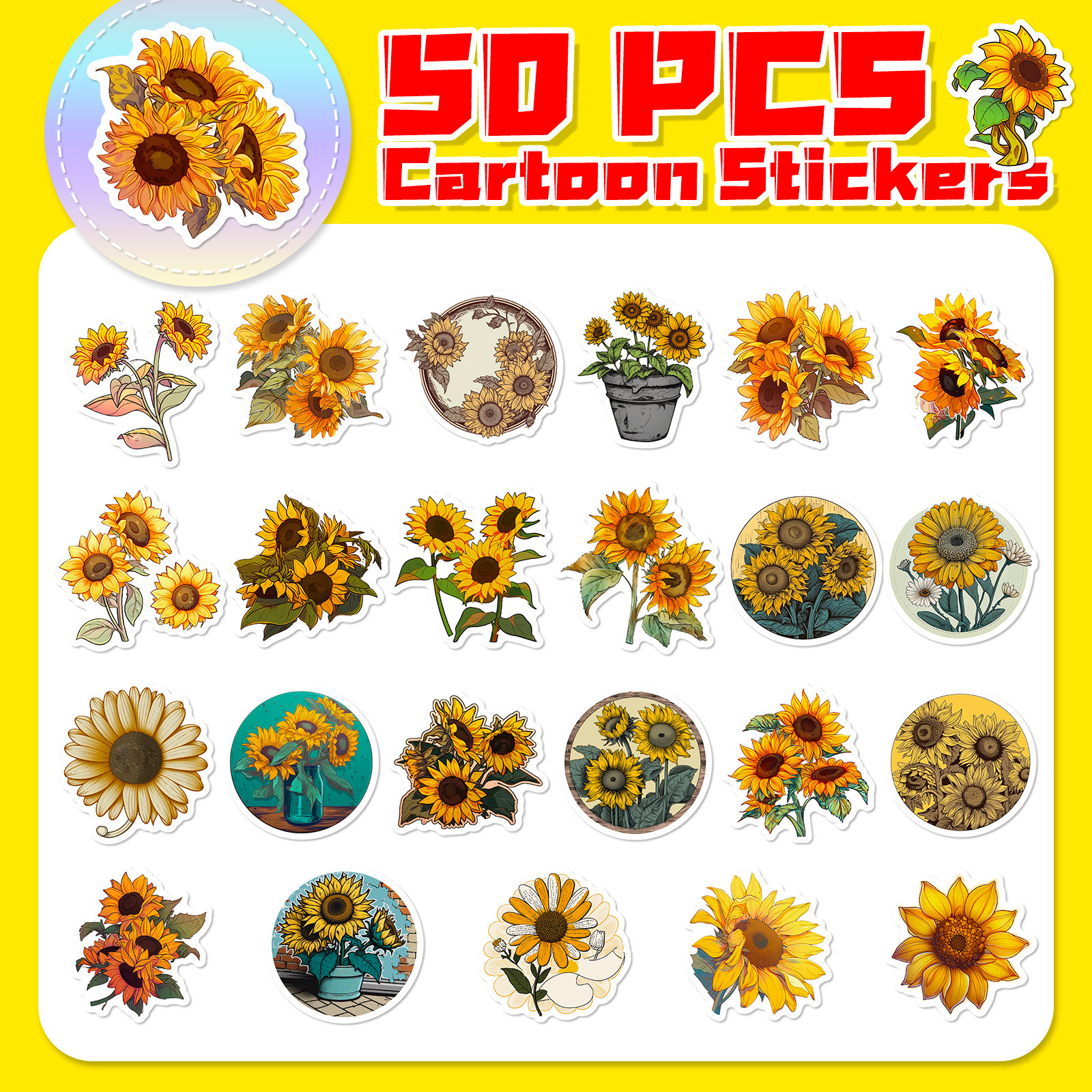 50pcs Sunflower Children's Stationery Box Decorative Pastoral Style Creative Beautifying Sunflower Stickers