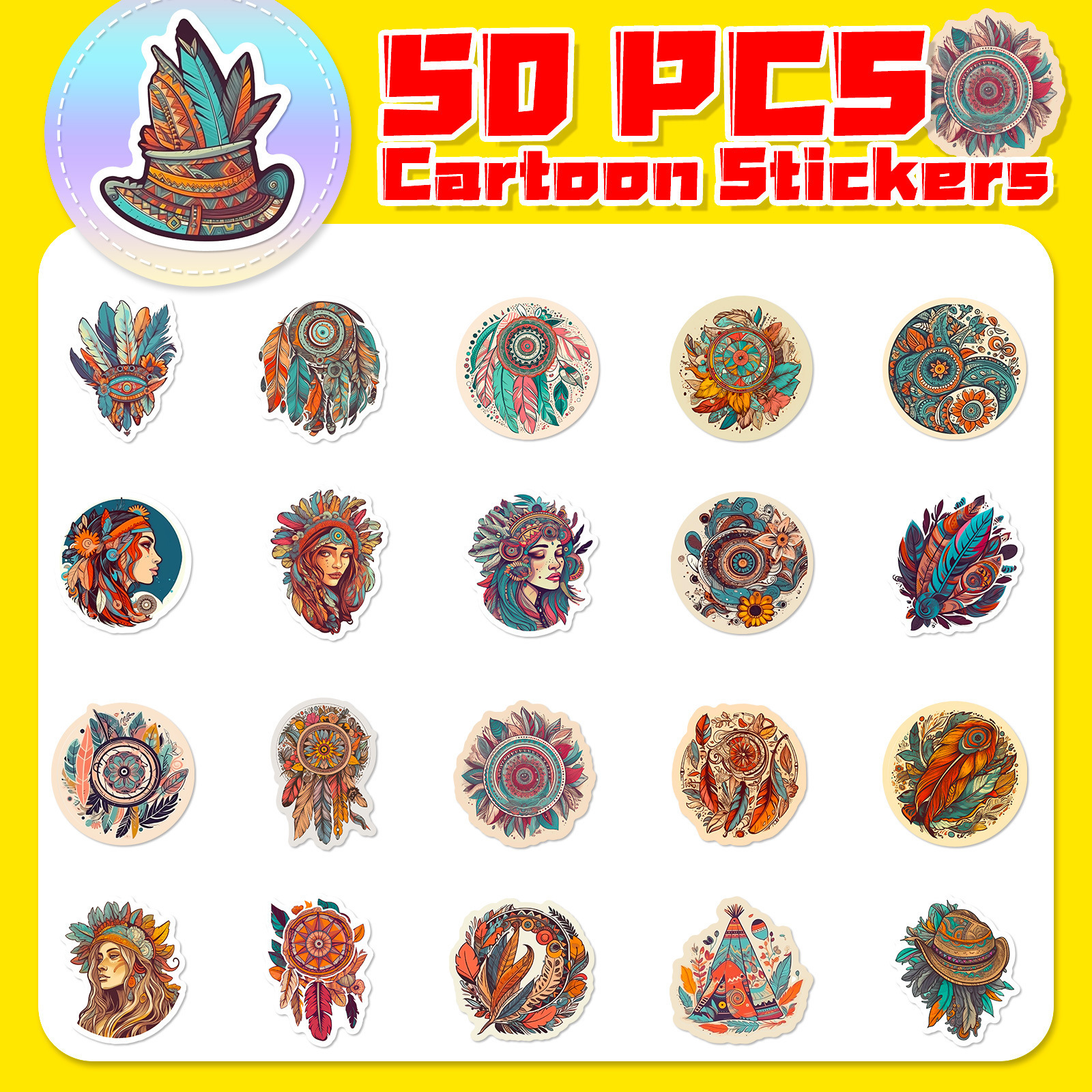 50pcs Boho Style  Bohemian Journal Material Diy Art Retro Ethnic Style Stickers