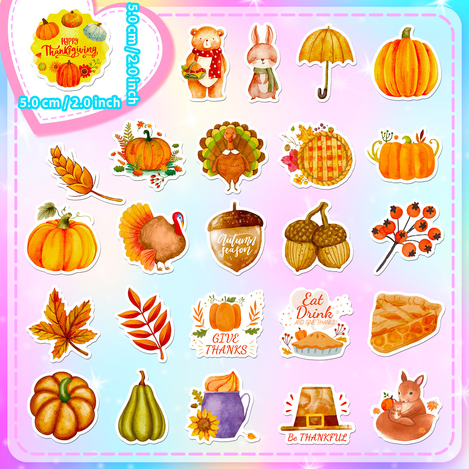 50PCS Amazon Thanksgiving Stickers Pumpkin Turkey Fall Maple Leaf Thanksgiving Decorative Sticker Diy