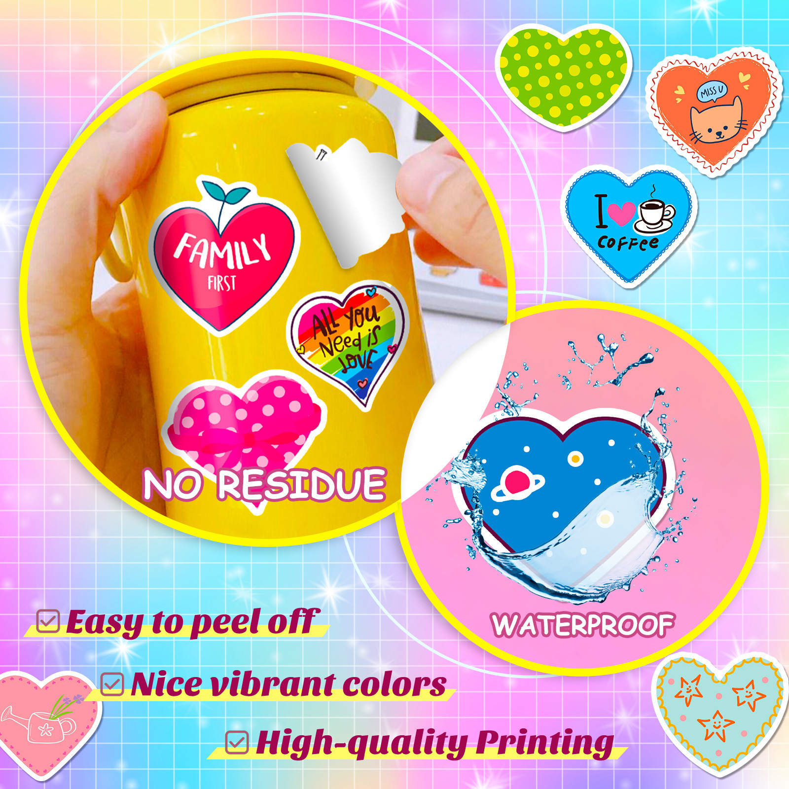 50pcs Shiny Cute Heart Romantic Love Valentine's Day Girl Heart Graffiti Stickers Ins Style Stickers