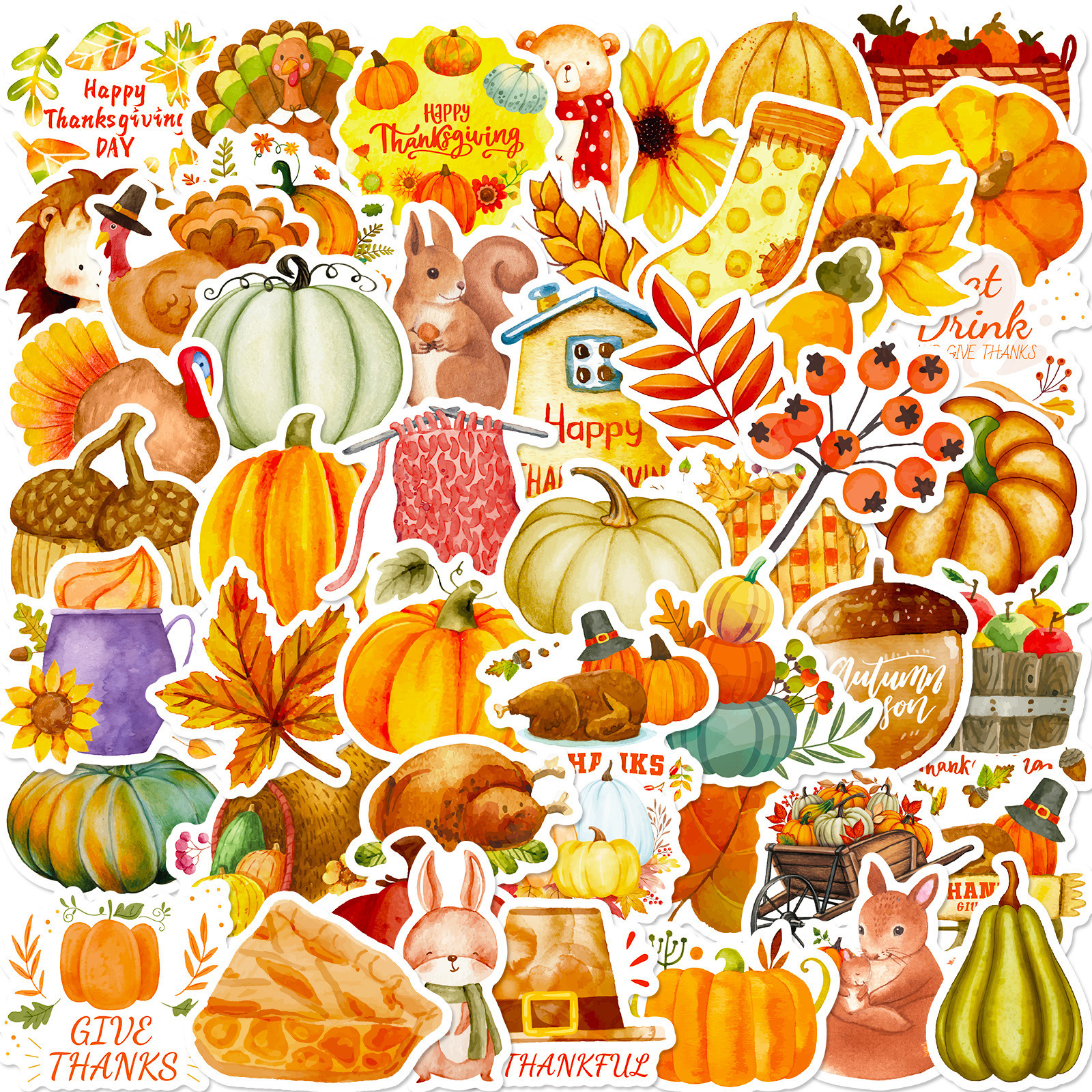 50PCS Amazon Thanksgiving Stickers Pumpkin Turkey Fall Maple Leaf Thanksgiving Decorative Sticker Diy