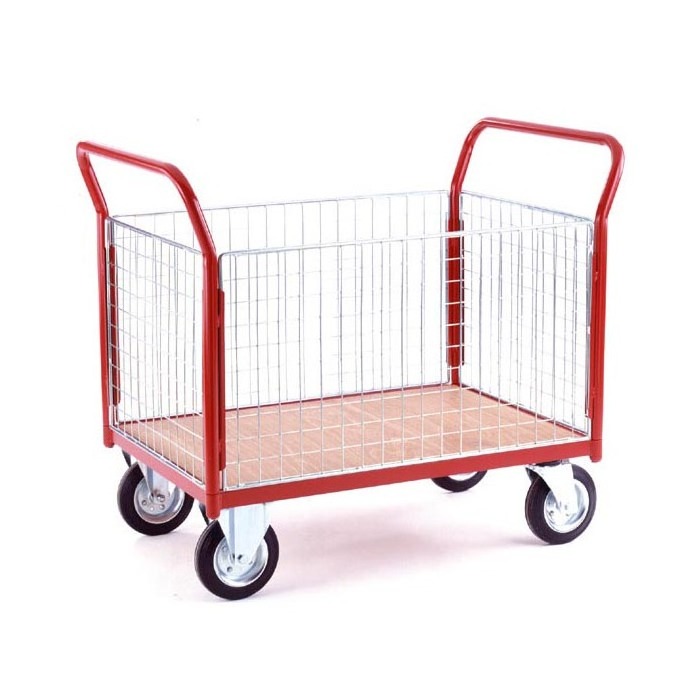 Industrial Portable Goods Moving Steel Wire Mesh Sides Platform Trolley