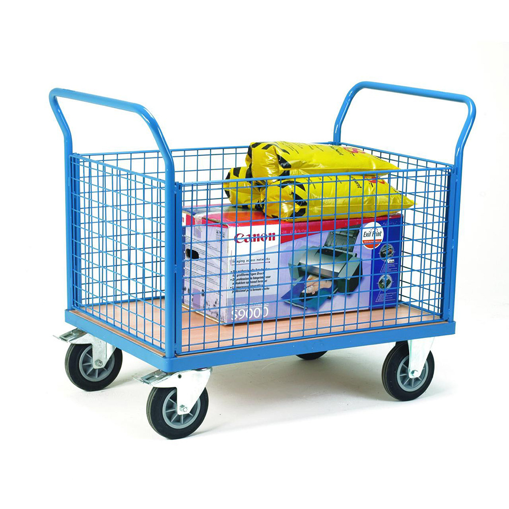 Industrial Portable Goods Moving Steel Wire Mesh Sides Platform Trolley