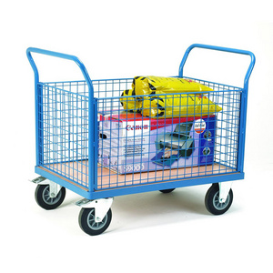 Industrial Portable Goods Moving Steel Wire Mesh Sides Platform Trolley