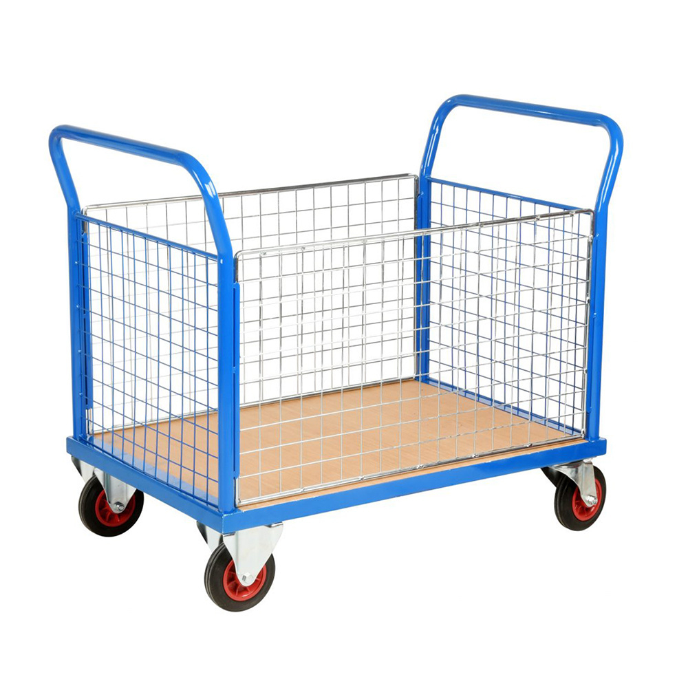 Industrial Portable Goods Moving Steel Wire Mesh Sides Platform Trolley