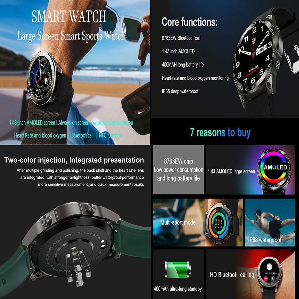 DM50 Smart Sports Watch 1.43 Inch AMOLED Large Screen Heart Rate and Blood Oxygen BT Call NFC Function Smartwatch