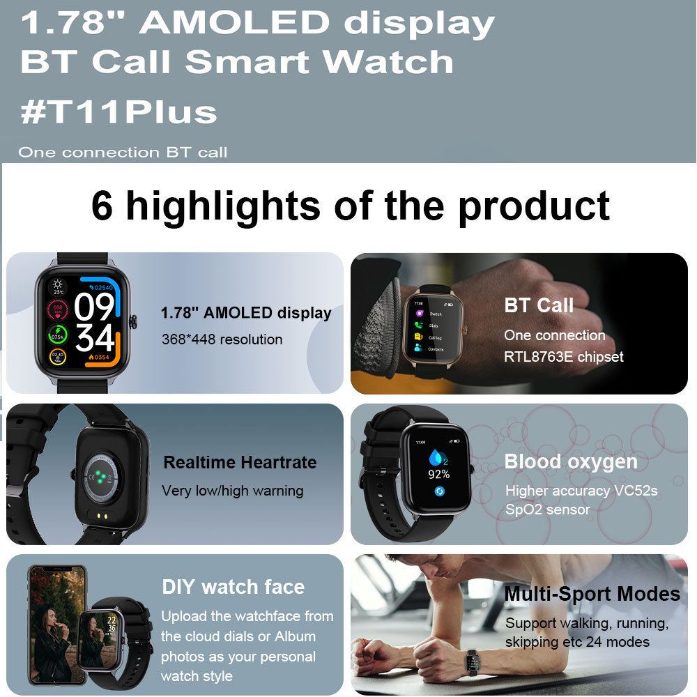 BT calling SpO2 heart rate Continuous monitor sleep tracker AMOLED full touch screen smart watch T11 Plus