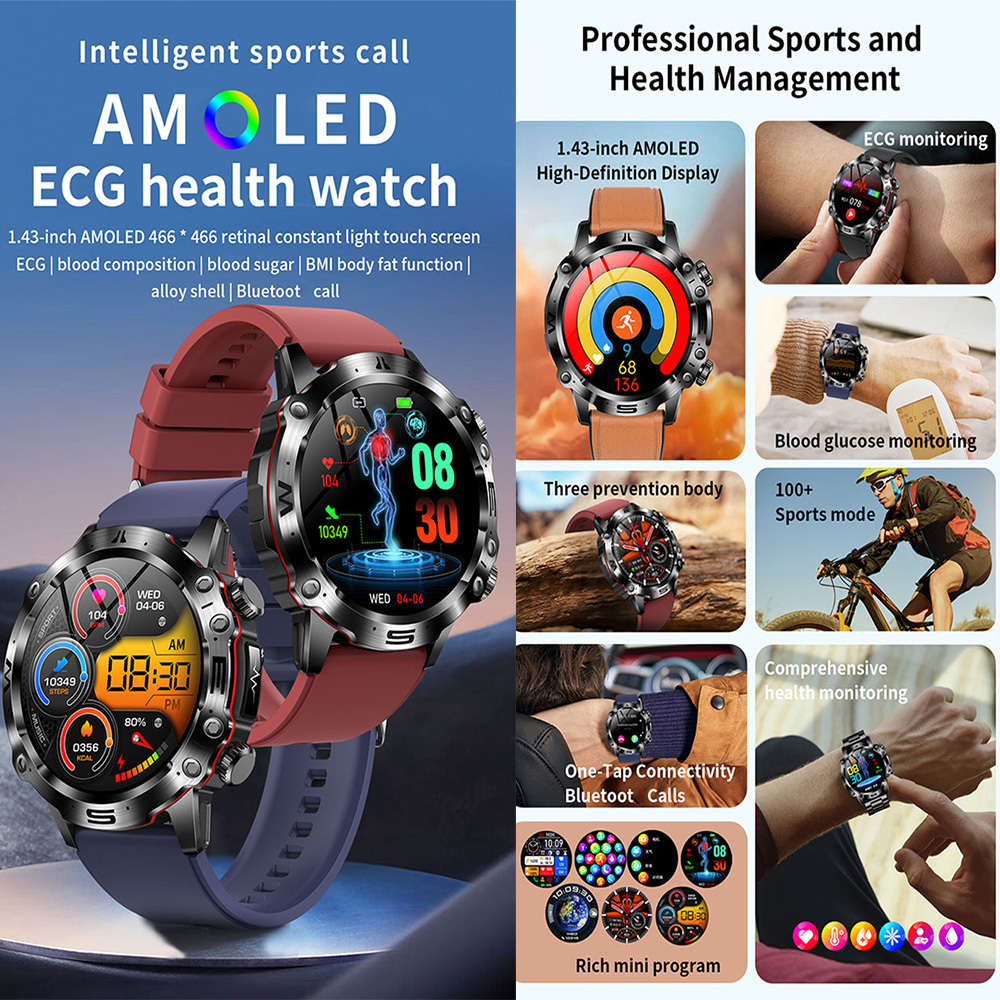 Mechanical men's style Health care reloj temperature heart rate ET482 Smartwatch Outdoor sport AMOLED screen smart watch