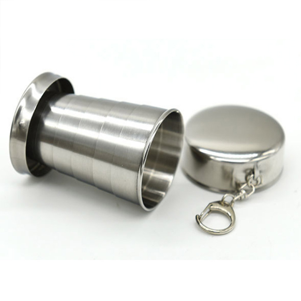 Wholesale whiskey Telescopic Collapsible mug Stainless Steel Shot Glass metal collapsible 75ml cup with keychain