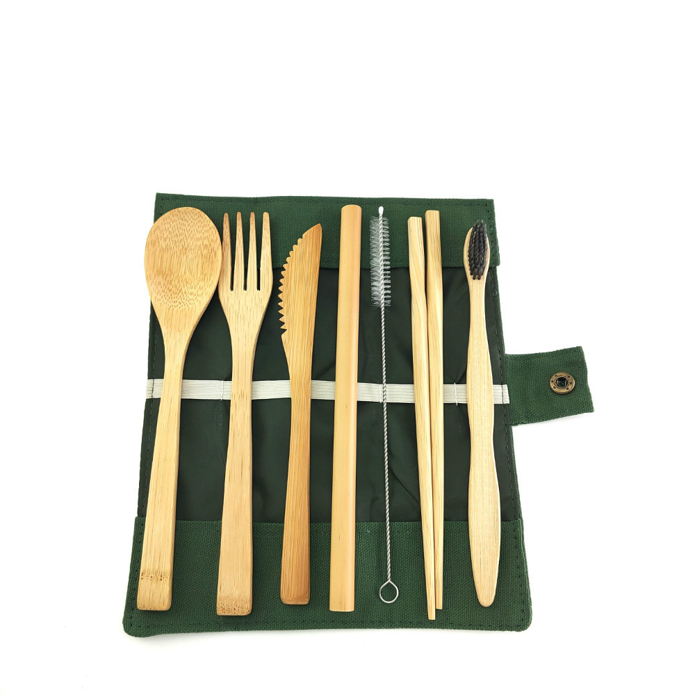 Bamboo Travel Cutlery Set Bamboo Fork Knife Spoon Chopsticks Straw Portable Carrying Pouch with Carabiner Wooden Utensils Set