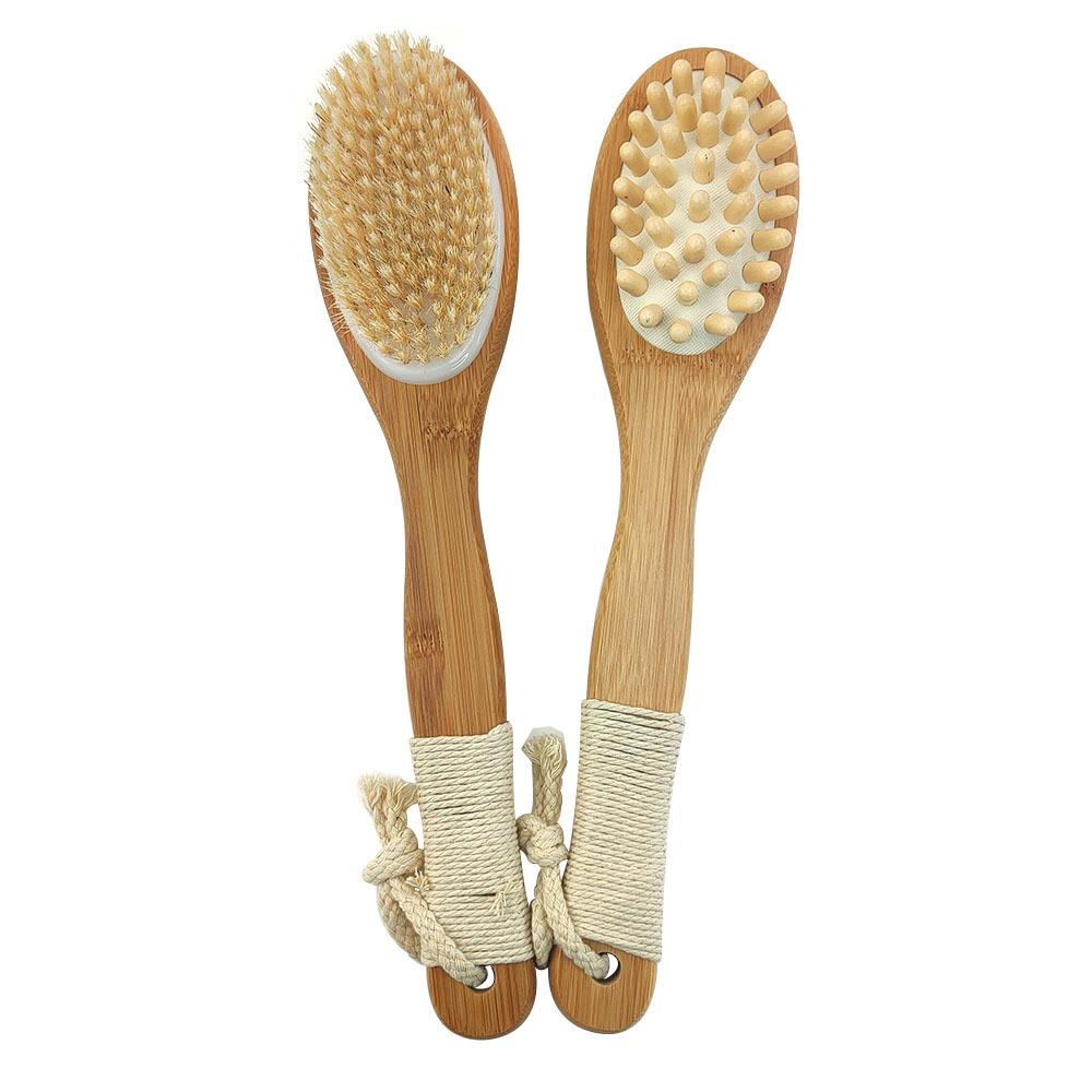 Eco-friendly Wooden Custom Long Handle Body Back Massager Exfoliating Dry Brush Bamboo Cleaning Bristle Bath Brush