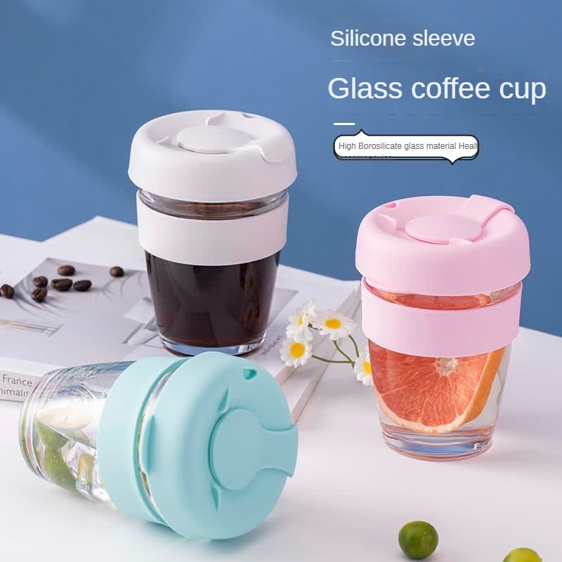 Eco Friendly Reusable Heat Resistant 250ml 350ml 450ml Glass Coffee Cup Mug with Silicone Lid Cap Cork Band