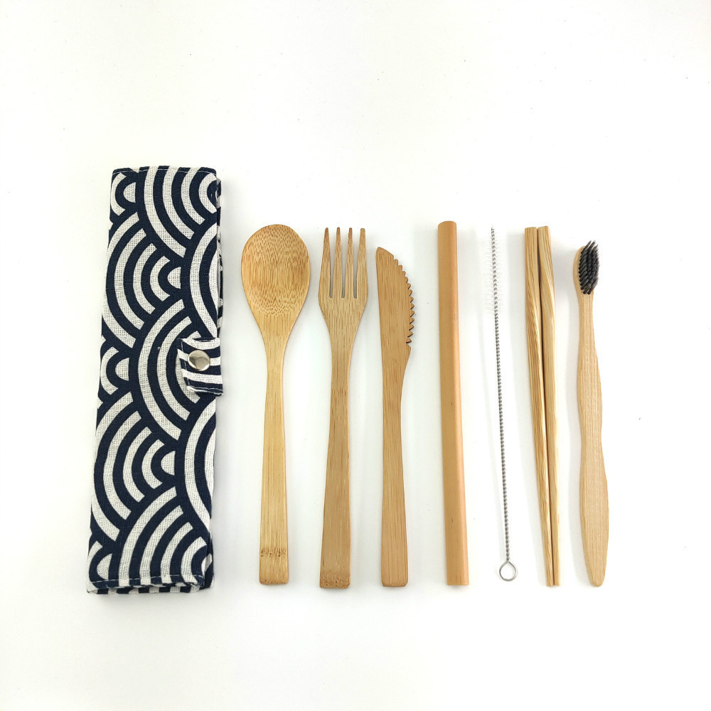 Bamboo Travel Cutlery Set Bamboo Fork Knife Spoon Chopsticks Straw Portable Carrying Pouch with Carabiner Wooden Utensils Set