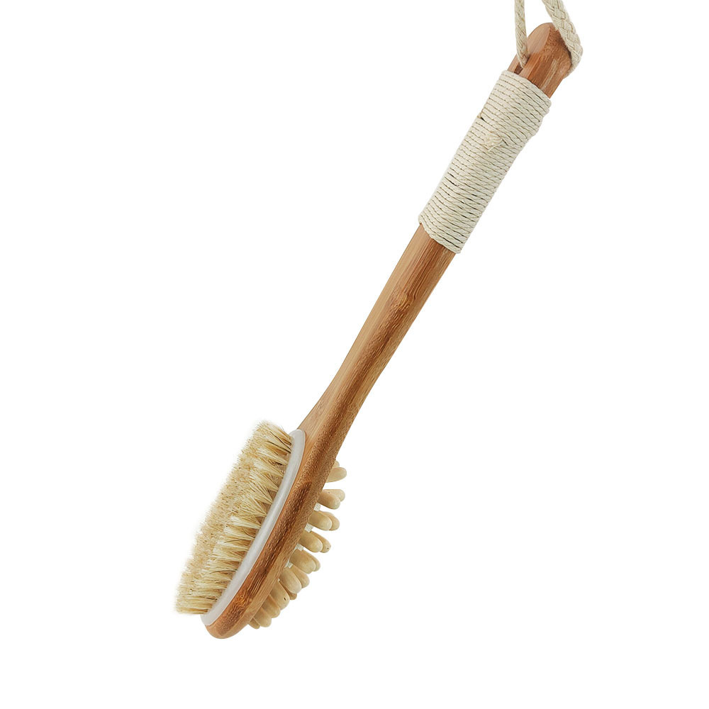 Eco-friendly Wooden Custom Long Handle Body Back Massager Exfoliating Dry Brush Bamboo Cleaning Bristle Bath Brush