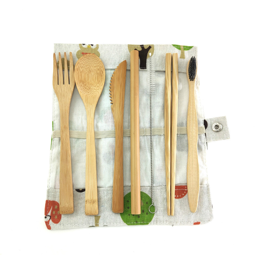 Bamboo Travel Cutlery Set Bamboo Fork Knife Spoon Chopsticks Straw Portable Carrying Pouch with Carabiner Wooden Utensils Set