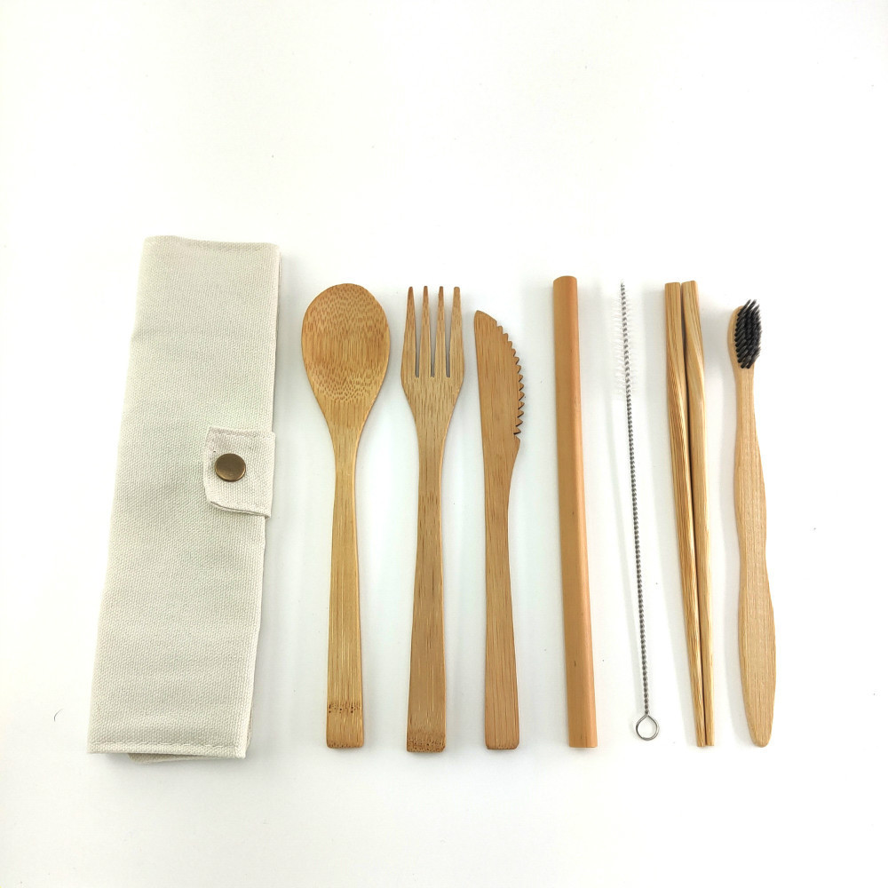 Bamboo Travel Cutlery Set Bamboo Fork Knife Spoon Chopsticks Straw Portable Carrying Pouch with Carabiner Wooden Utensils Set