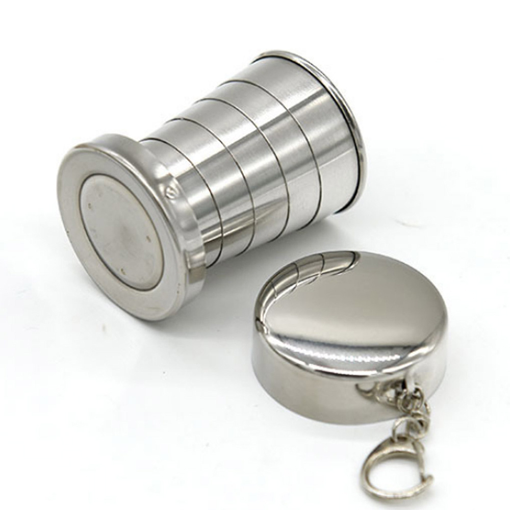 Wholesale whiskey Telescopic Collapsible mug Stainless Steel Shot Glass metal collapsible 75ml cup with keychain