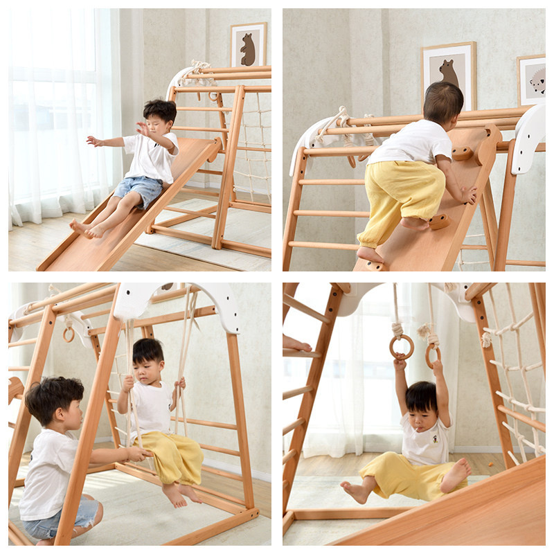 Indoor children playground baby kids solid wood climbing frames toy set with wooden slide swing rock climbing