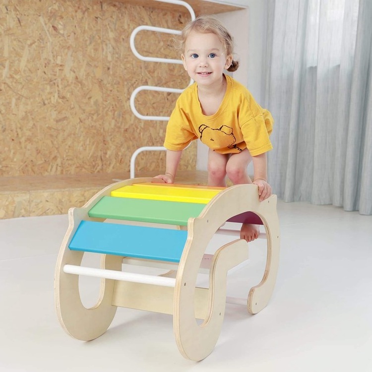 Natural Wood Rainbow Color Kids Rocking Chair Montessori Indoor Gym Wooden Baby Rocker