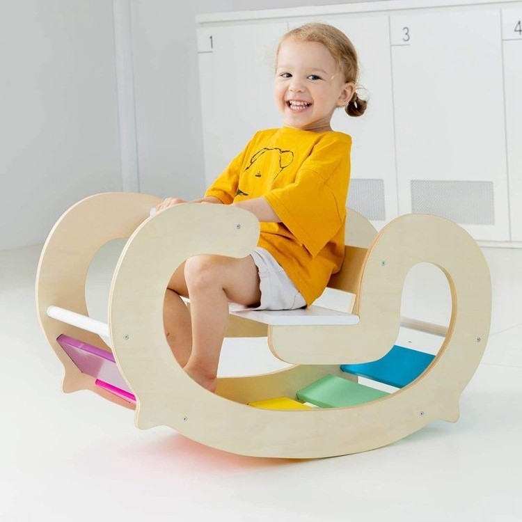 Natural Wood Rainbow Color Kids Rocking Chair Montessori Indoor Gym Wooden Baby Rocker