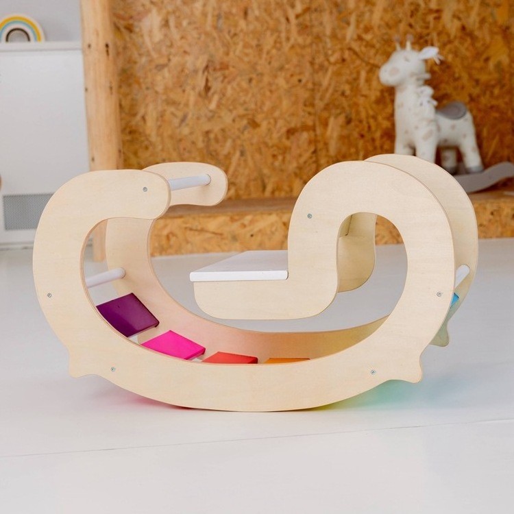 Natural Wood Rainbow Color Kids Rocking Chair Montessori Indoor Gym Wooden Baby Rocker