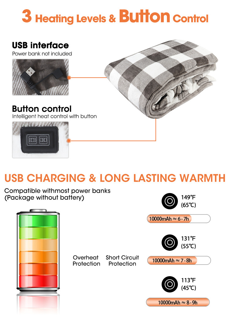 Factory Wholesale USB Heating Battery Powered Warm Heated Blanket With 3 Heat Settings