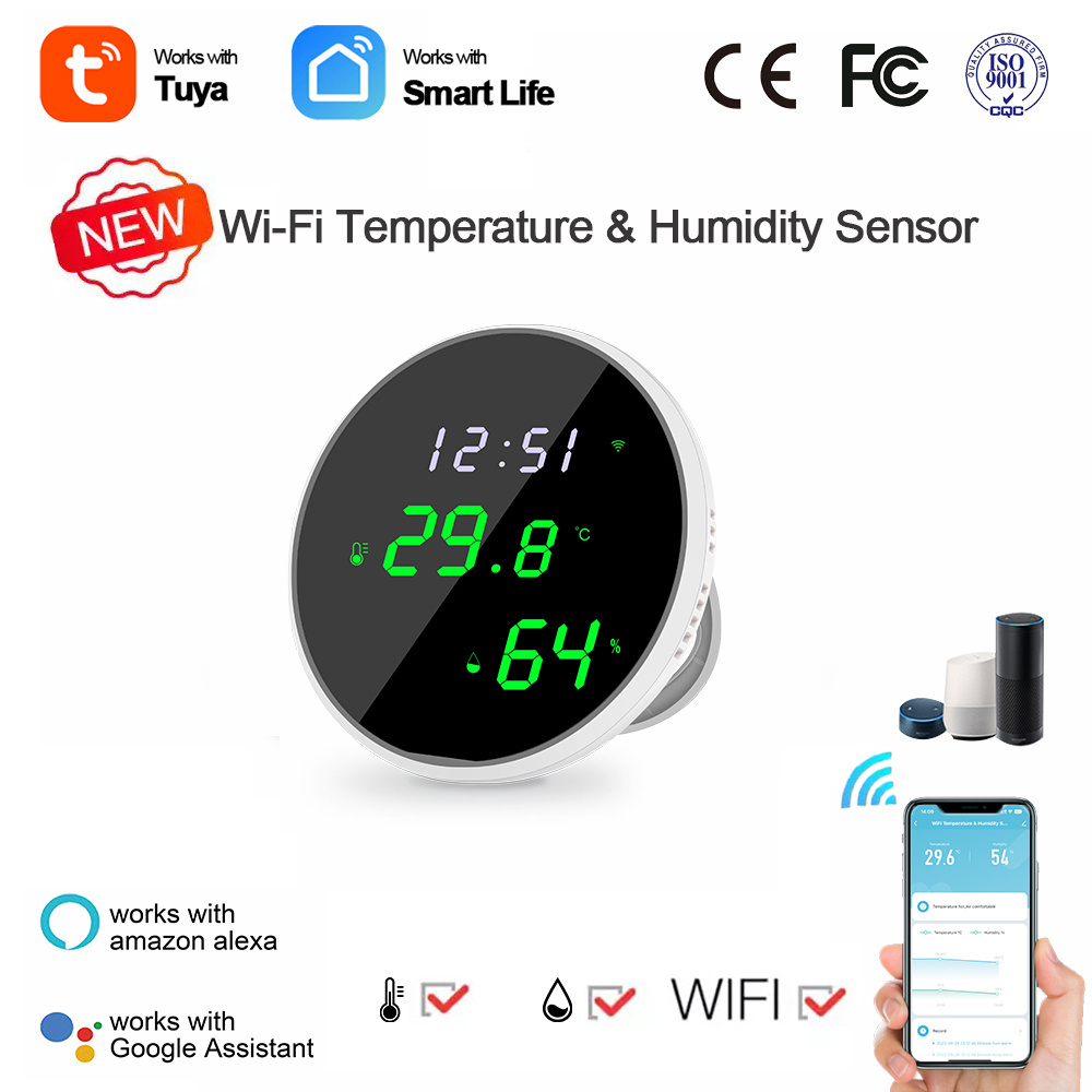 Thermometer  Hygrometer Rechargeable USB Tuya WIFI Capteur de TempErature et Humidite avec Ecran LCD