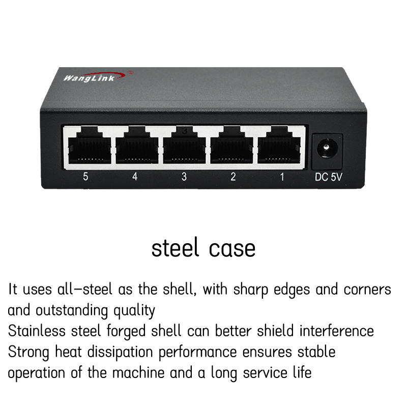 Wanglink Hotsale Unmanaged Hub network switch Hundred trillion 5 Port Ethernet steel shell case Switch with Metal Housing