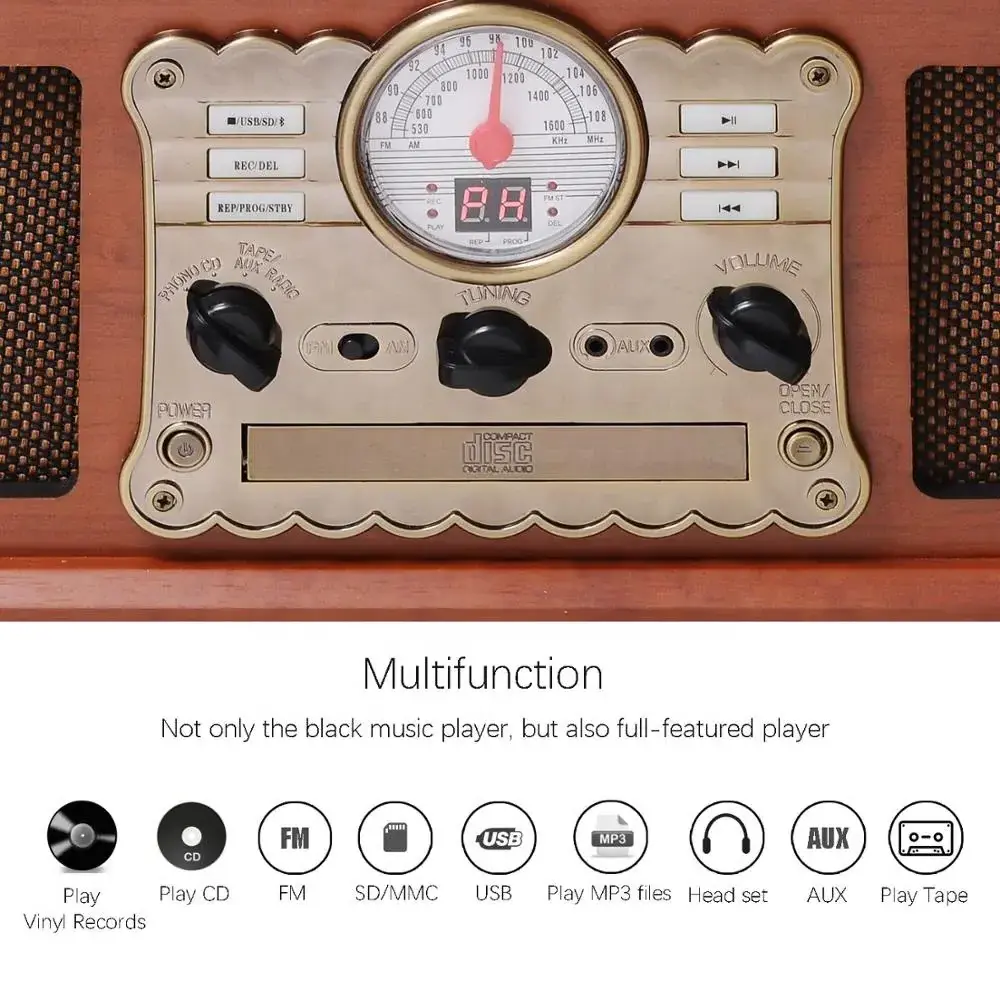 Nostalgic 6-in-1 Bluetooth Record Player Multimedia Center Built-in Speakers 3-Speed Turntable CD Cassette Player AM FM Radio