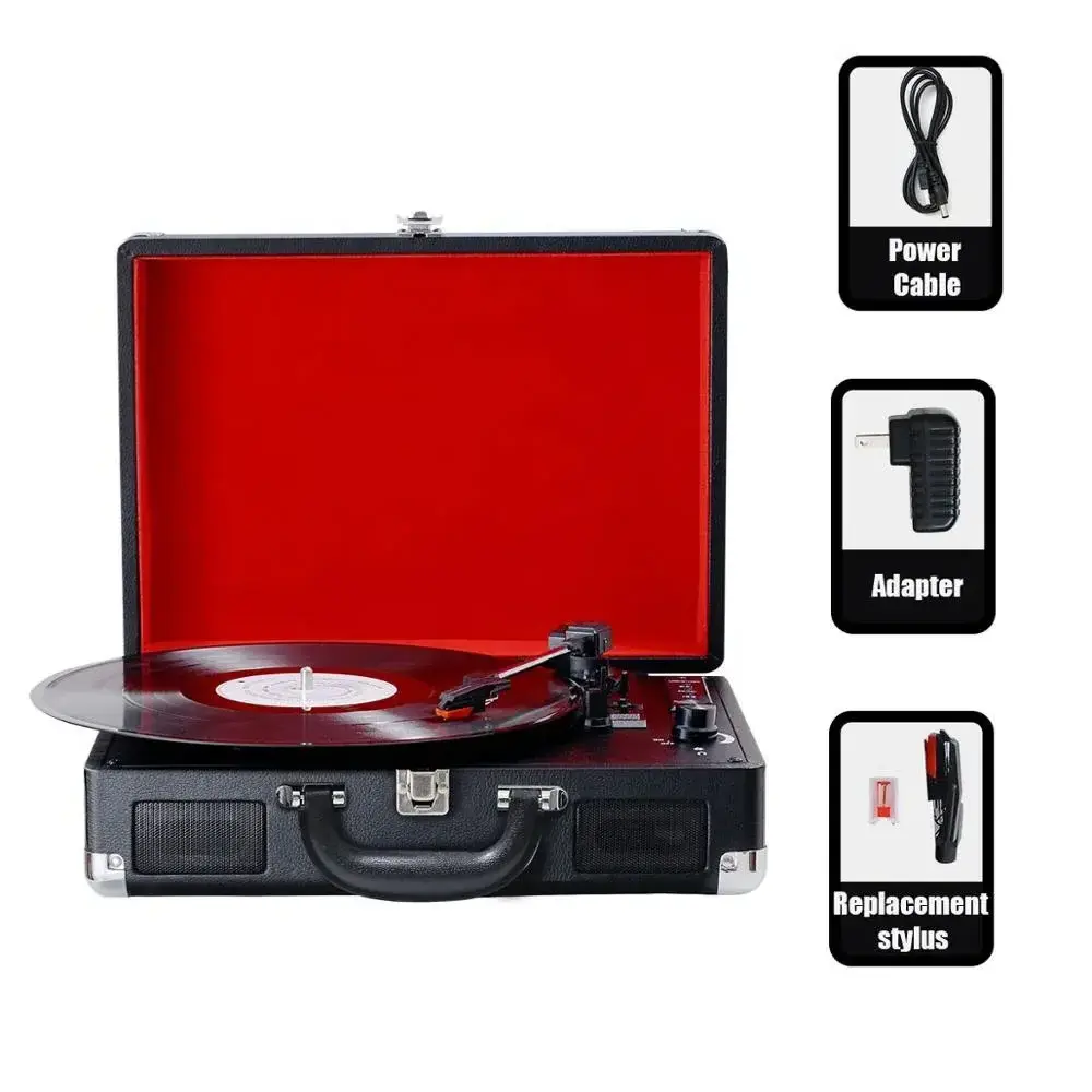 Suitcase Bluetooth Turntable Player With Built-in Speakers Record Player Moving Magnet Cartridge Retro USB SD Vinyl Record