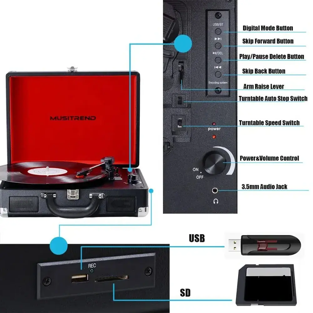 Suitcase Bluetooth Turntable Player With Built-in Speakers Record Player Moving Magnet Cartridge Retro USB SD Vinyl Record