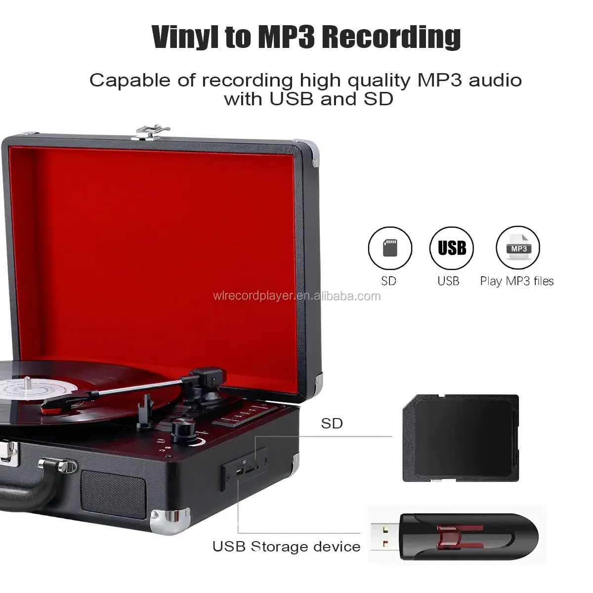 Suitcase Bluetooth Turntable Player With Built-in Speakers Record Player Moving Magnet Cartridge Retro USB SD Vinyl Record