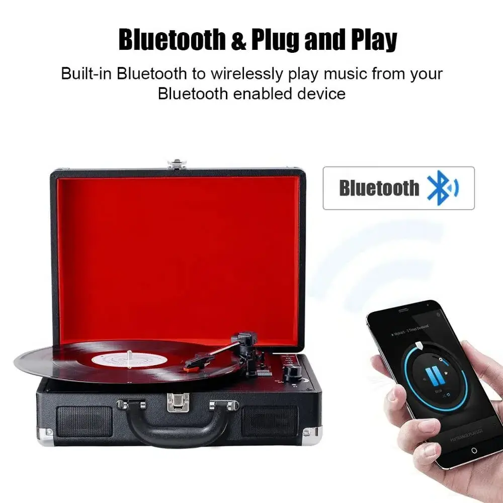 Suitcase Bluetooth Turntable Player With Built-in Speakers Record Player Moving Magnet Cartridge Retro USB SD Vinyl Record