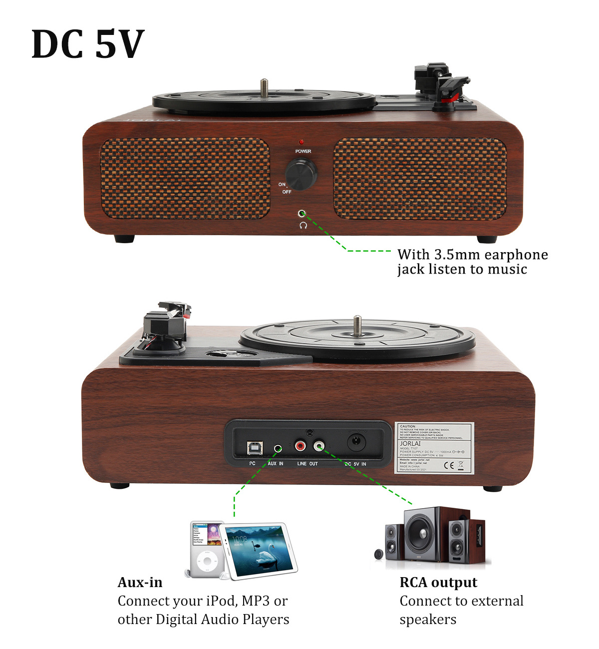 Customize Logo 3 Speed Antique Wooden Built in Stereo Speaker Vinyl Record Turntable