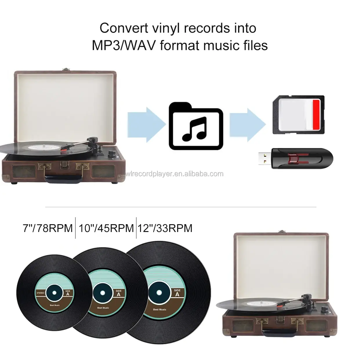 Suitcase 3 Speed Turntable Player With Built-in Speakers Moving Magnet Cartridge Vinyl Record player Bluetooth