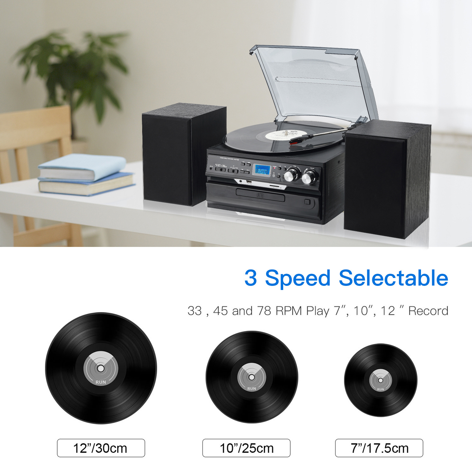 Retro 3 Speed Turntable Player Music Cassette Gramophone Record Players Radio Vinyl Record Player Wooden