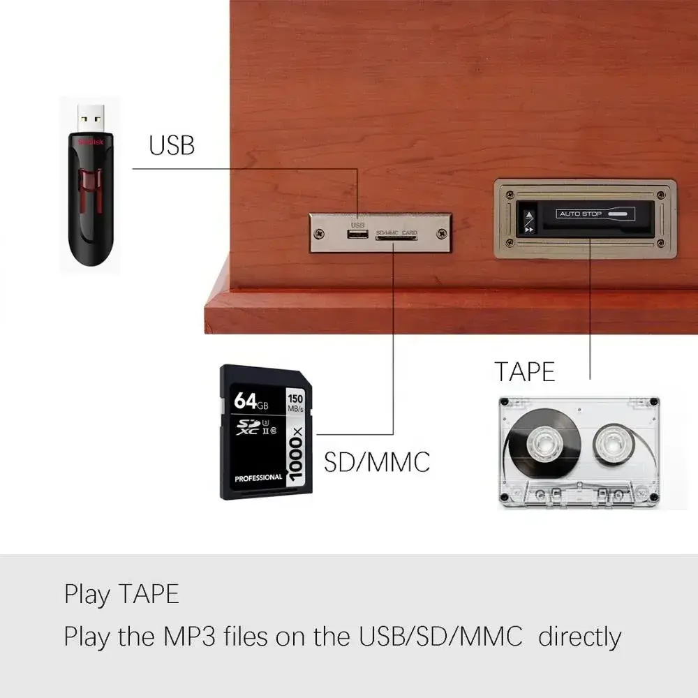 Nostalgic 6-in-1 Bluetooth Record Player Multimedia Center Built-in Speakers 3-Speed Turntable CD Cassette Player AM FM Radio