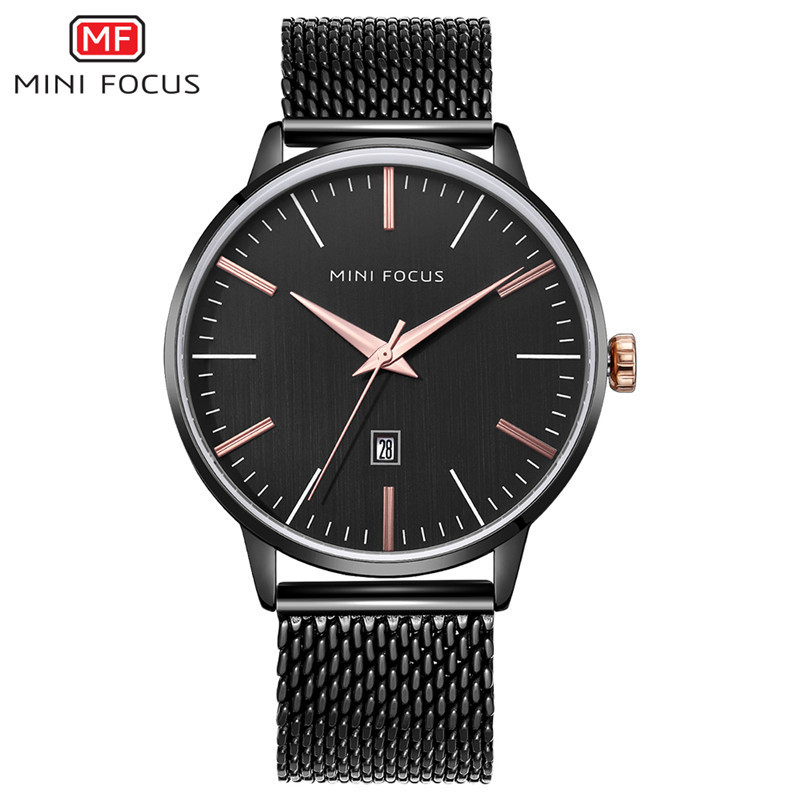 Mini Focus design logo waterproof dates luxury stainless steel back quartz analog wrist men watches with Japan movement