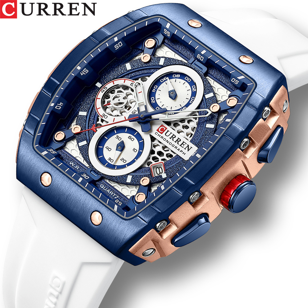 New Curren 8442 Square Fancy Design Morden Style Men Waterproof Quartz Watches for Chronograph WristWatch Silicone Strap