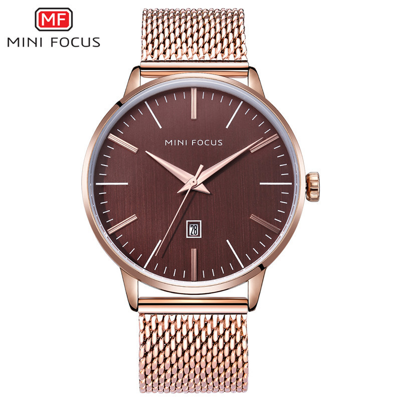 Mini Focus design logo waterproof dates luxury stainless steel back quartz analog wrist men watches with Japan movement