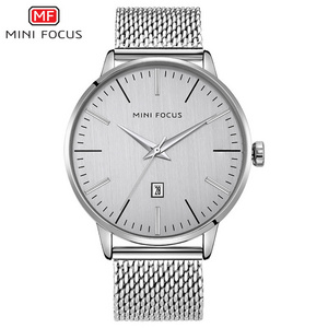 Mini Focus design logo waterproof dates luxury stainless steel back quartz analog wrist men watches with Japan movement