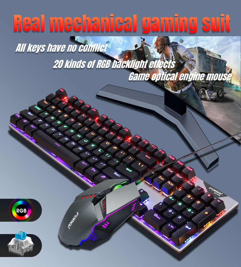 FV-Q609 Wired Mechanical Gaming Keyboard Mouse Combo Blue Switch 104-Key RGB Keyboard Optical Mice Set for PC Gamer