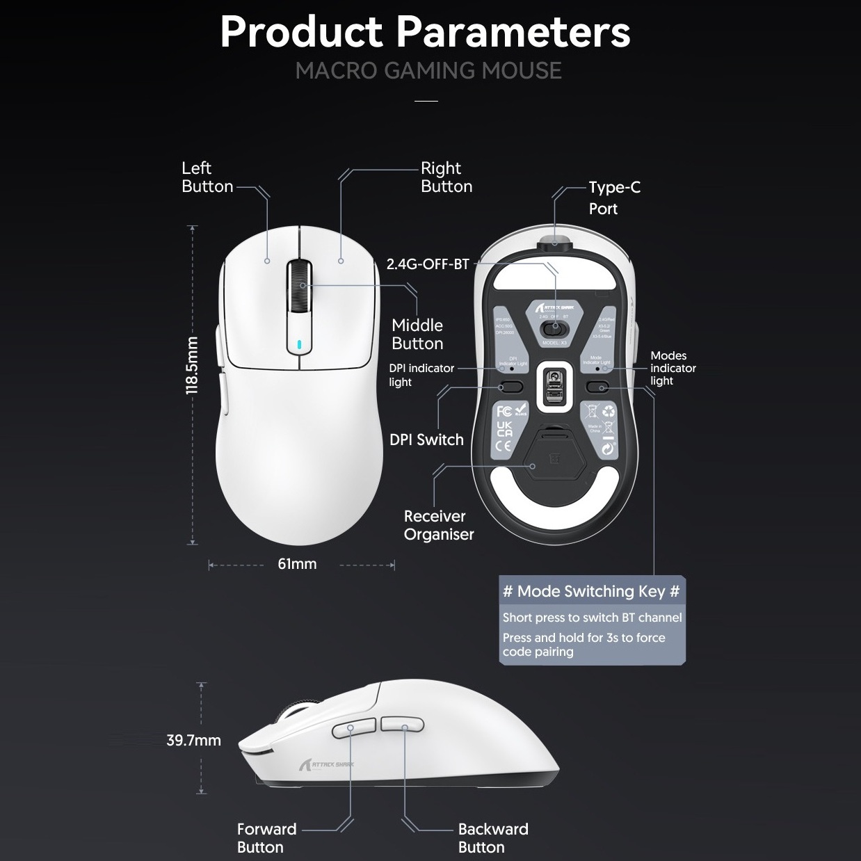 Attack Shark X3 Mouse Lightweight PAW3395 Suitable For Laptops Office Computers E-sports Game Three Mode Wireless Mouse