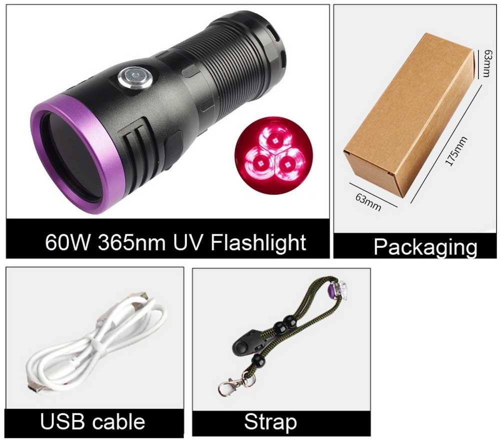 60 Watt 365nm Ultraviolet Light Handheld UV LED Fluorescent Torch Portable NDT Inspection Lamps Flaw Detection UV Flashlight